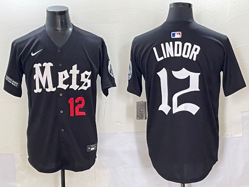 Men 2025 New York Mets 12 Lindor Black Five generations Joint Name Nike MLB Jersey style 7